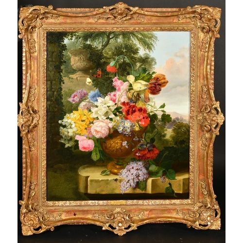 403 - John Wainwright, circa 1865, a fine pair of still life paintings of mixed flowers surrounded by butt... 