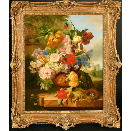 403 - John Wainwright, circa 1865, a fine pair of still life paintings of mixed flowers surrounded by butt... 