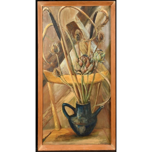 405 - Modern British School, A still life of teasels and artichokes in a blue jug, oil on canvas board, in... 