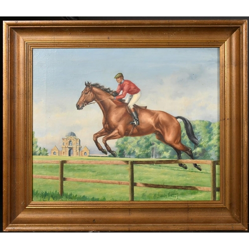 410 - C. Bromley Gardner (Circa 1972), a figure on horseback jumping a fence, oil on canvas, signed, 16