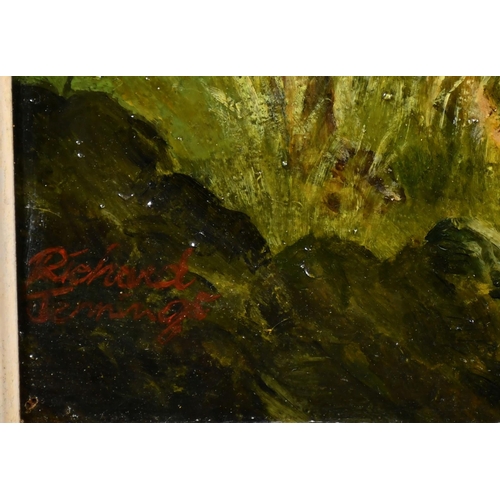 412 - Richard Jennings (20th Century), dogs waiting by a river, oil on board, signed, 20