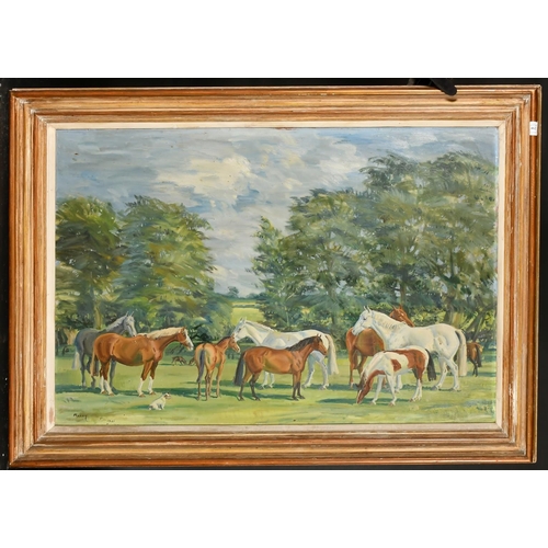 413 - K. Money, Australian, A group of horses and three dogs in a landscape, signed and dated 1961, oil on... 