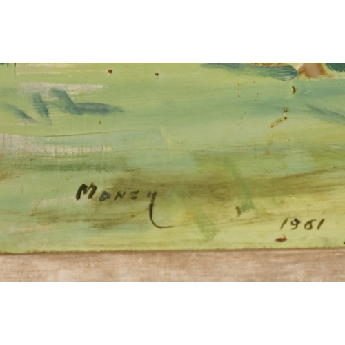 413 - K. Money, Australian, A group of horses and three dogs in a landscape, signed and dated 1961, oil on... 