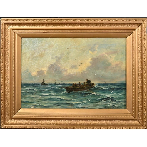 418 - C. Hunter, 19th Century, fishermen in a rowing boat, oil on canvas, signed, 14