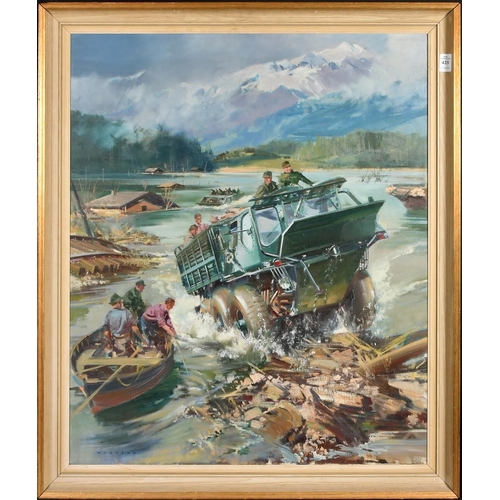 428 - Frank Wootton (1914-1998), an Alvis Stalwart mounting a riverbank, oil on canvas, signed, 30