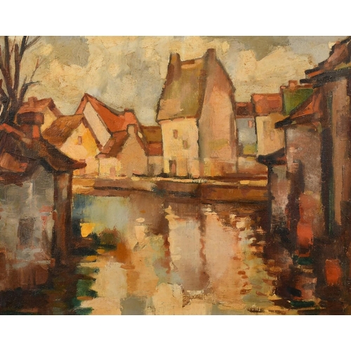 44 - Belgian School, circa 1948, a view of houses on a canal, oil on canvas, indistinctly signed, 15