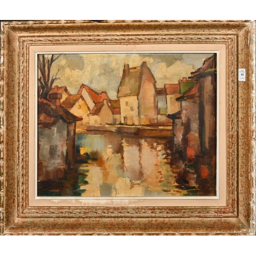 44 - Belgian School, circa 1948, a view of houses on a canal, oil on canvas, indistinctly signed, 15