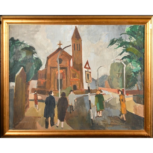 445 - 20th Century, Figures on a street near to a church, thought to be Christ Church, Streatham, oil on c... 