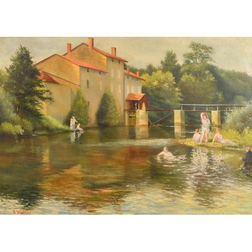 45 - S. Walter, Circa 1900, figures bathing in a river by a mill, oil on canvas, signed, 15