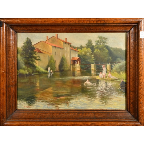 45 - S. Walter, Circa 1900, figures bathing in a river by a mill, oil on canvas, signed, 15