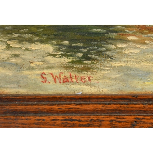 45 - S. Walter, Circa 1900, figures bathing in a river by a mill, oil on canvas, signed, 15