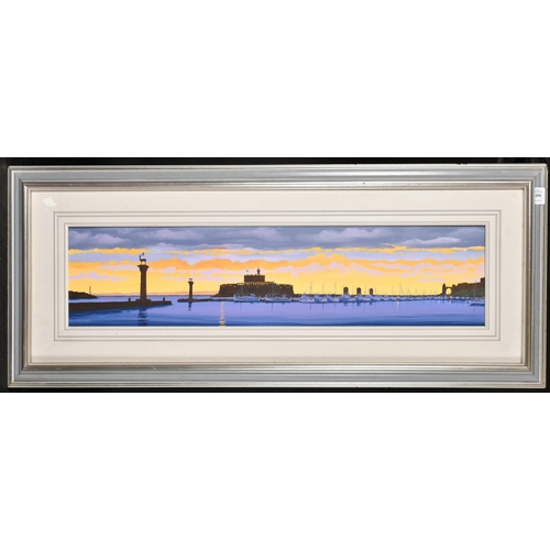 450 - Greek School (20th/ 21st Century), The harbour, Rhodes at sunset, oil on canvas, signed, 7.75