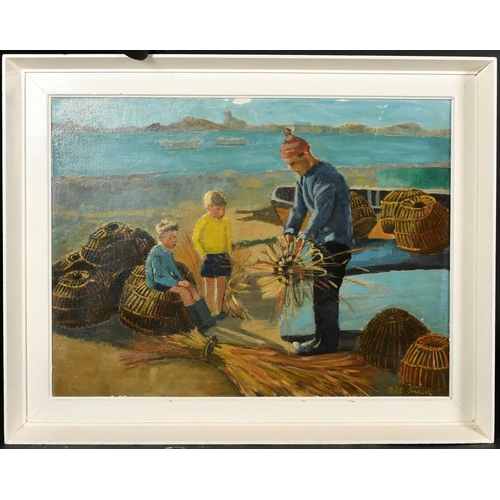 451 - Rita Spencer, A fisherman teaching two young boys how to make a lobster pot, oil on canvas, signed, ... 