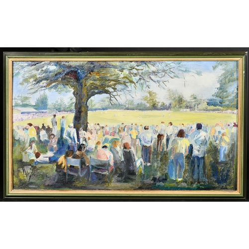 452 - M. Riley (20th Century), A large gathering of figures watching a cricket match, oil on canvas board,... 