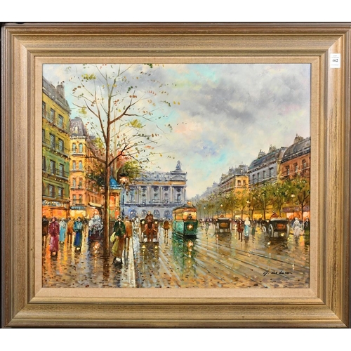 462 - G. De Luca (20th Century), figures, coaches and trams on a busy Paris street, oil on canvas, signed,... 