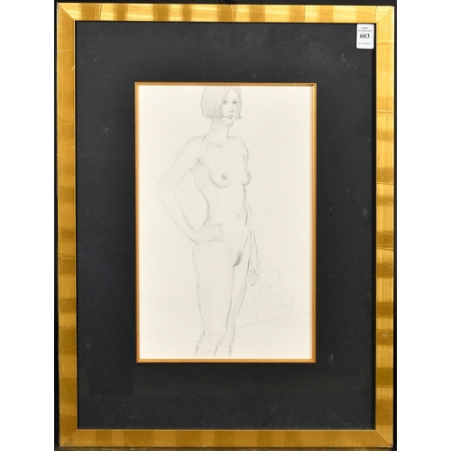 464 - Kanwaldeep Singh Kang, signed Nicks (1964-2007) British, A full length female nude standing with her... 