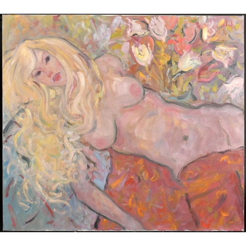 466 - Kanwaldeep Singh Kang, signed Nicks (1964-2007) British, 'Blondie', a reclining nude, oil on canvas,... 