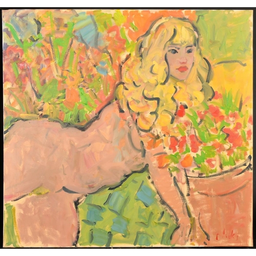 467 - Kanwaldeep Singh Kang, signed Nicks (1964-2007) British, ' In the garden', a nude lady in a garden, ... 