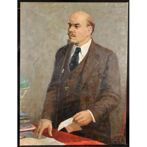 471 - 20th Century Soviet School, A three quarter portrait of Lenin standing, oil on canvas, 45