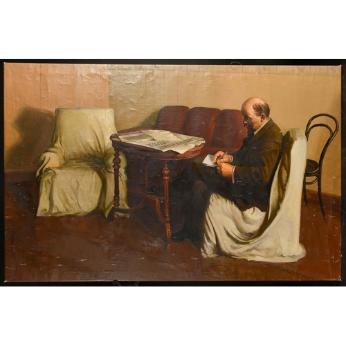 472 - 20th Century Soviet School, Portrait of Lenin seated holding a pen and paper, oil on canvas, 34