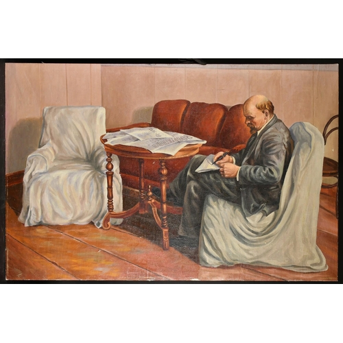 473 - 20th Century Soviet School, Portrait of Lenin seated holding a ink pen and paper, oil on canvas,date... 