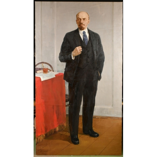 474 - 20th Century Soviet School, A full length portrait of Lenin standing, oil on canvas, signed and date... 