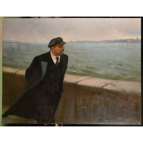 475 - 20th Century Soviet School, Lenin walking along a quay side looking across a choppy sea to a city be... 