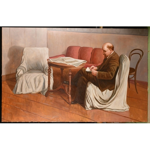 476 - 20th Century Soviet School, Portrait of Lenin seated holding a pen and paper, oil on canvas, 53.5