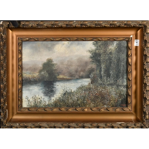 48 - H. Ponson, late 19th Century, a riverside view with wildflowers in the foreground, oil on canvas, si... 