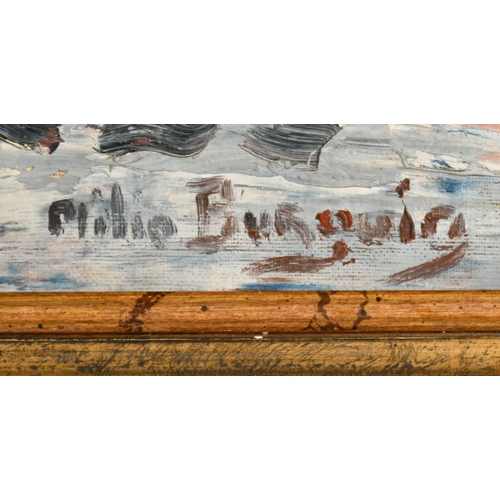 53 - Milia Burguin, 20th Century, Continental, a view of male figures by barges in a winter landscape, oi... 