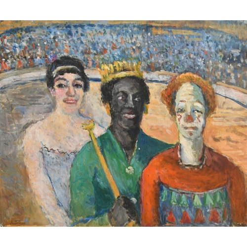 55 - A. Sabran, 20th Century Continental, circus figures in a big top, oil on canvas, signed, 23.5