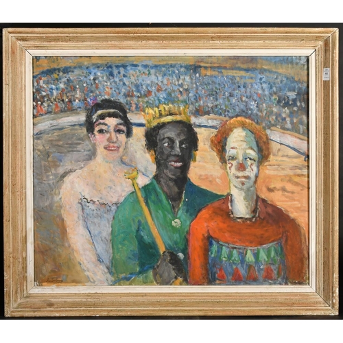 55 - A. Sabran, 20th Century Continental, circus figures in a big top, oil on canvas, signed, 23.5