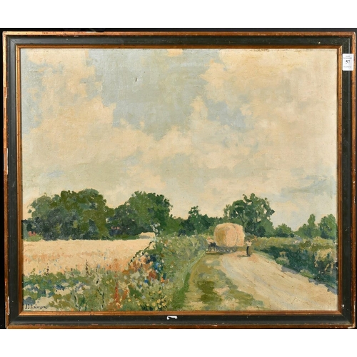 57 - J. J. Laforgue, Circa 1900, a haycart on a country road lined with wildflowers, oil on canvas, signe... 