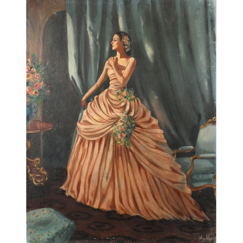 58 - 20th Century French School, a portrait of an elegant lady, oil on canvas, indistinctly signed, 25.5