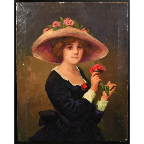 59 - French School, Circa 1935, a half length portrait of a lady holding a red flower, oil on canvas, ind... 