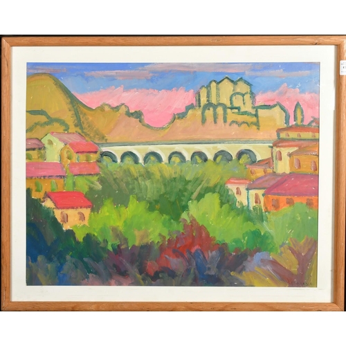 60 - F. Diana, 20th Century, a view of an aqueduct through a valley, oil on paper, signed, 19