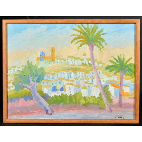 61 - F. Diana, 20th Century, a Southern port town with palm trees in the foreground, oil on board, signed... 