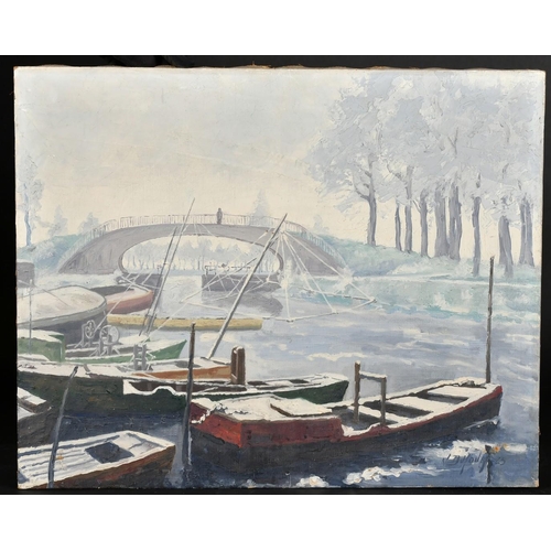 62 - V. Dufour, Circa 1923, working boats on a river by a bridge, oil on canvas, signed and dated, 16