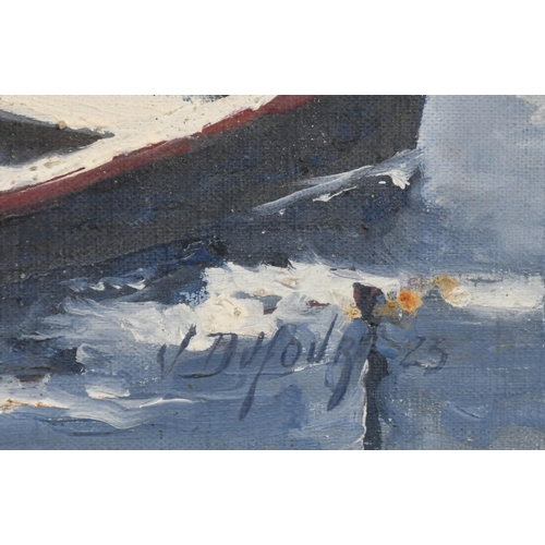 62 - V. Dufour, Circa 1923, working boats on a river by a bridge, oil on canvas, signed and dated, 16