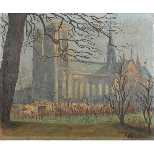 64 - R. A. Serre, French School, Early 20th Century, a view of a cathedral through trees, oil on canvas, ... 