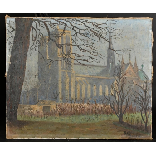 64 - R. A. Serre, French School, Early 20th Century, a view of a cathedral through trees, oil on canvas, ... 