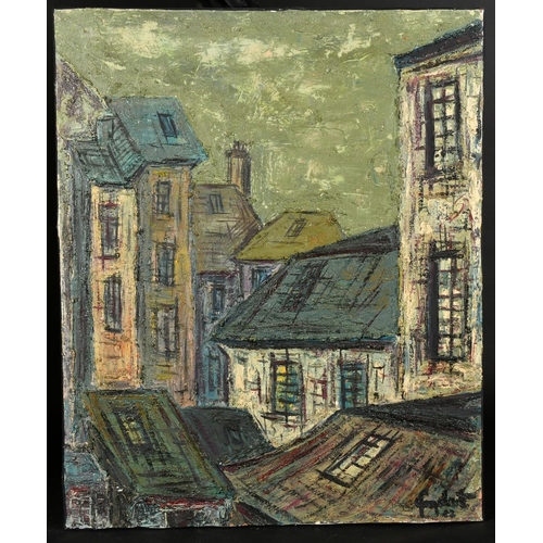 65 - French School, Circa 1972, a view of rooftops in Rouen, oil on canvas, indistinctly signed, inscribe... 