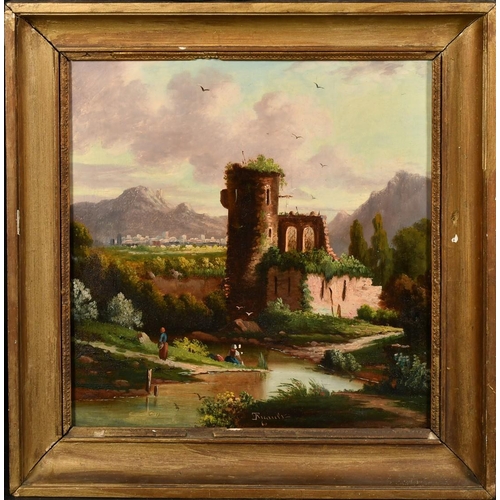 71 - Ruault, French School, Circa 1860, a pair of oil on panel scenes of figures gathered by a river with... 