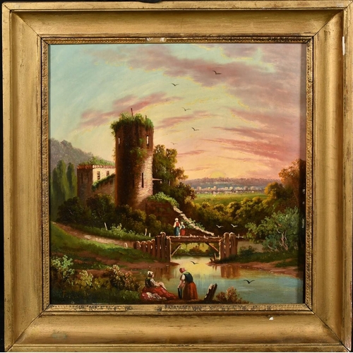 71 - Ruault, French School, Circa 1860, a pair of oil on panel scenes of figures gathered by a river with... 