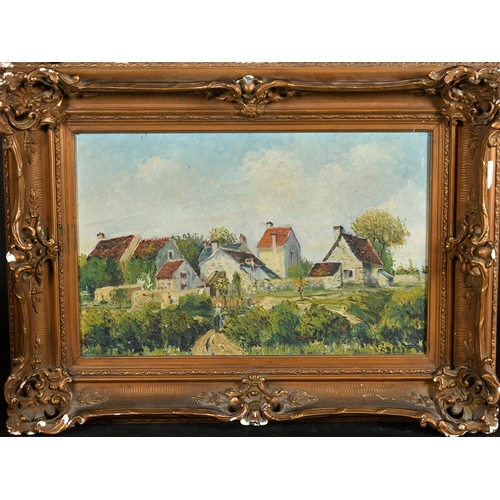 73 - Late 19th Century, French School, figure on pathway amongst crops with farm buildings beyond, oil on... 