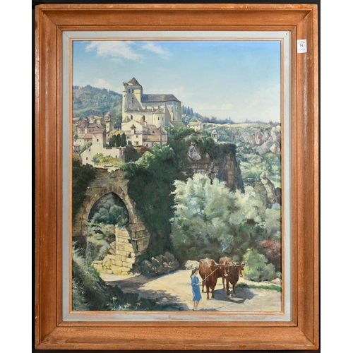 75 - 20th Century French School, a female with oxen on a hillside path with a town beyond, oil on canvas,... 