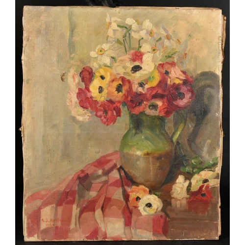 8 - French School, Circa 1922, a still life of flowers in a green jug, oil on canvas, indistinctly signe... 