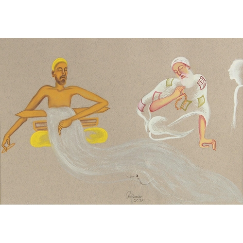 85 - Arpana Caur (b. 1954) Indian, 'Imaginary Meeting Between Bhagat Kabir and Baba Nanak', gouache on pa... 