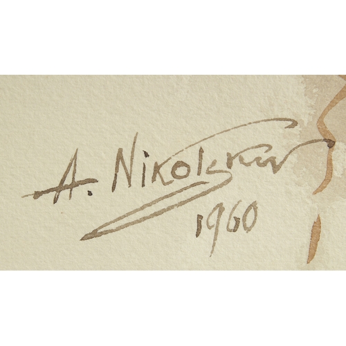 269 - A portfolio containing watercolours by Nikolsky, Halford Ross and others, along with a few prints, s... 