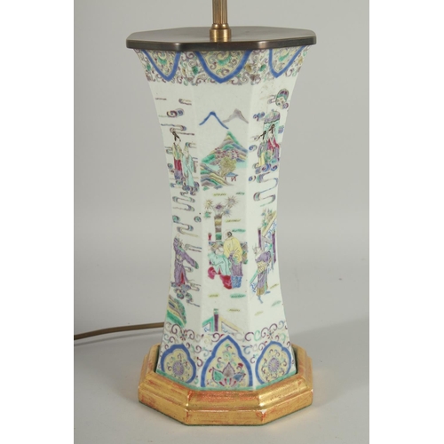 1 - A 19TH CENTURY FAMILLE VERTE PORCELAIN OCTAGONAL VASE, converted to a lamp, painted with various fig... 